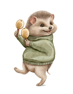 Vintage cartoon Christmas  hedgehog in greeen sweater clothes dancing and shakes the maracas isolated on white background. Watercolor hand drawn illustration sketch