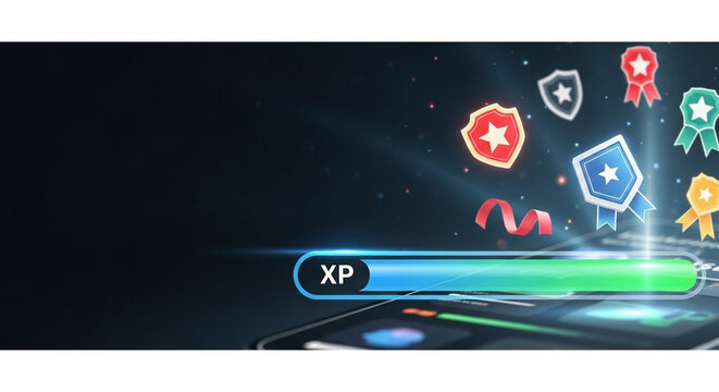 Futuristic digital interface displaying experience points and achievement badges for gamified learning platform