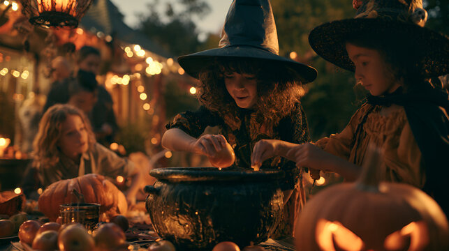Kids Bobbing For Apples In A Decorated Backyard During A Halloween Party, Warm Tungsten Interior Light, Macro Lens, Fine Detail, High-Contrast Tones, Photorealistic, Ultra-Detailed