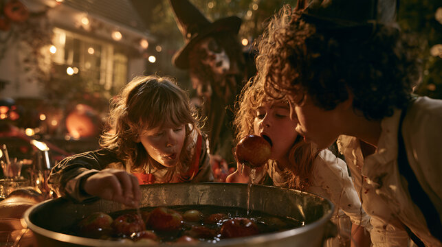 Kids Bobbing For Apples In A Decorated Backyard During A Halloween Party, Warm Tungsten Interior Light, Macro Lens, Fine Detail, High-Contrast Tones, Photorealistic, Ultra-Detailed