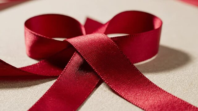 Close-up of a decorative red ribbon bow on a textured beige surface for gift wrapping or celebration