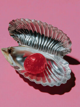 Open silver shell holding a glossy red pearl rests on a pink surface with a sharp shadow. Ideal for surreal jewelry, beauty branding, and luxury product promotion.