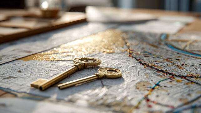 Two ornate golden keys resting on a detailed city map