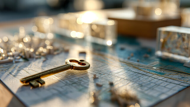 Vintage key on a map with glowing city lights