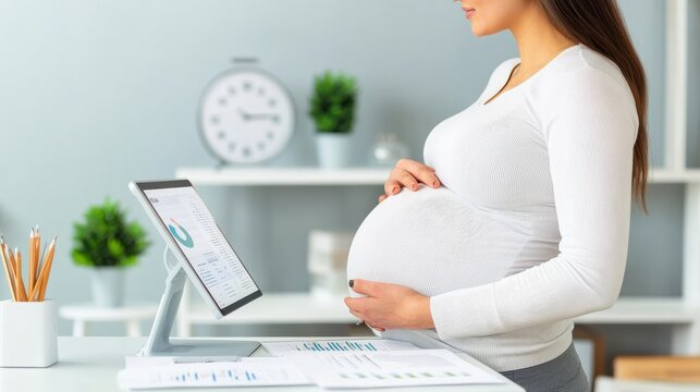 Deep Evening Past the Initial Data Preparation: Pregnant Economist Reviewing Economic Reports With Digital Da &acirc;&euro;&ldquo; Skyline Study 2