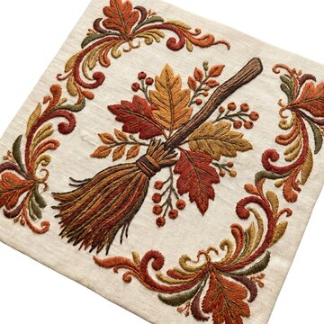 A detailed embroidery design featuring a broom made of autumn leaves on natural linen fabric with surrounded ornate swirling handmade embroidery art