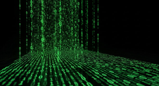 Digital data stream visualization in futuristic technology interface with neon green binary code