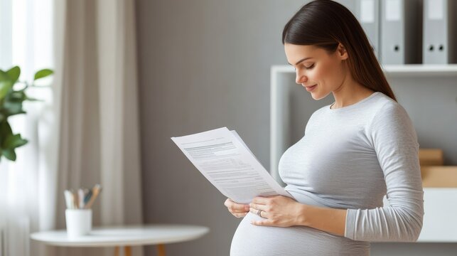 Pastel Evening Under a Disciplined Planning Process: Pregnant Economist Reading Annual Financial Report In Minimal
