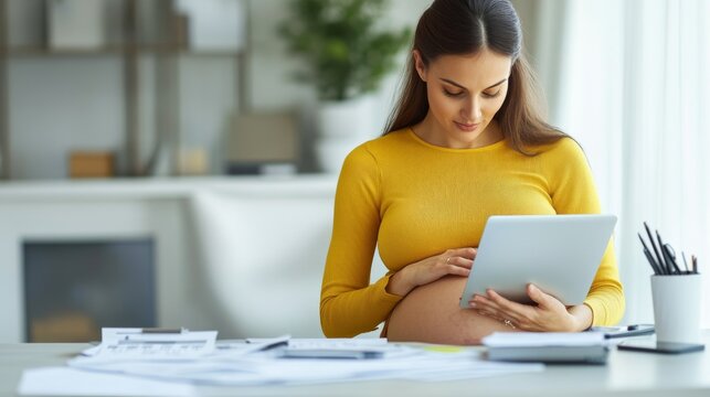 Pastel Evening Within a Focused Research Workspace: Pregnant Economist Analyzing Digital Payment Adoption Statist