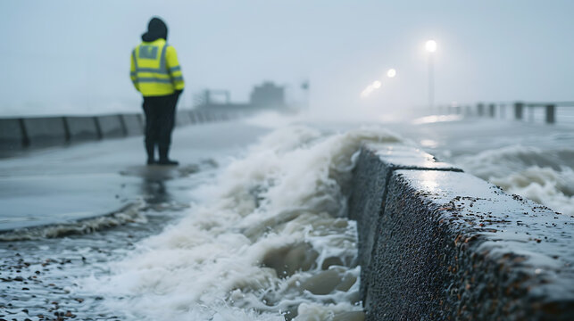 Storm Waves Overtopping Coastal Defense Barrier During High Tide