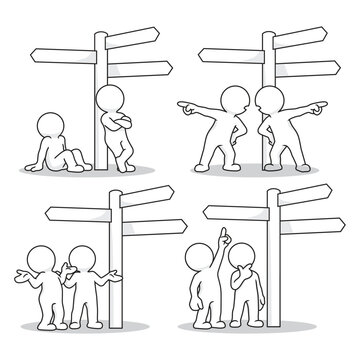 Confused People and Direction Signpost Concept Vector Illustration