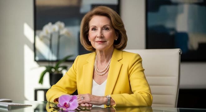 A woman in a yellow jacket and pearl necklace sits at a desk with a pink orchid, symbolizing confidence and professionalism in a business setting