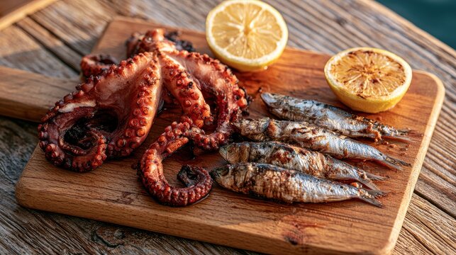 Grilled octopus tentacles and whole sardines on a rustic wooden board, lemon halves, Mediterranean seaside vibe
