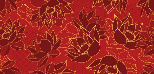 Obraz premium Seamless pattern with gold lotus flowers in line art style on a red background. Traditional Asian design for luxury packaging, textile and Chinese New Year decor, vector illustration.