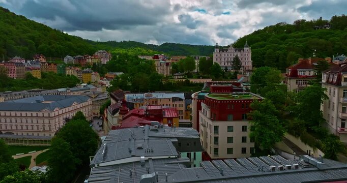 Aerial view of a beautiful forest city featuring incredibly fairytale, like architecture and thermal springs with healing water, Karlovy Vary, Czech Republic