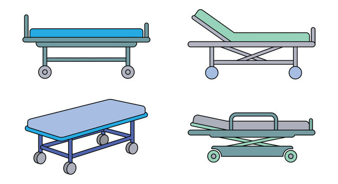 Four hospital stretchers are depicted in a flat vector illustration with white background stretcher gurney