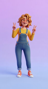 3D cartoon character wearing denim overalls and a yellow shirt, holding up peace signs, symbolizing positivity and youth, suitable for lifestyle or fun concepts