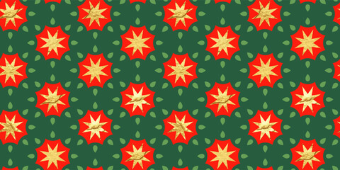 Obraz premium Seamless geometric pattern with red shapes and gold foil stars on a green background. Festive design for Christmas wrapping paper and holiday textile, vector illustration.
