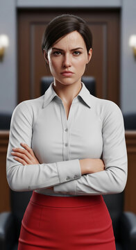 Woman with sweat on forehead, stern expression, arms crossed. Symbolizes pressure, determination, and professionalism in a business setting.