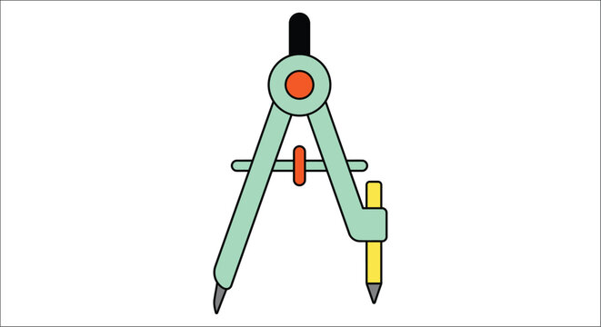A drafting compass with a pencil lead and adjustable arm is illustrated in a flat vector style
