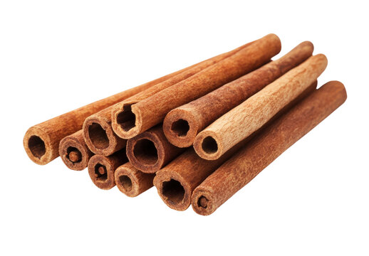 Neat stack of aromatic cinnamon sticks isolated on transparent background