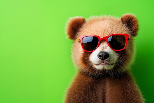 A brown bear wearing red sunglasses on a green background