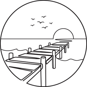 Minimalist line art drawing of a wooden pier extending into the ocean at sunset