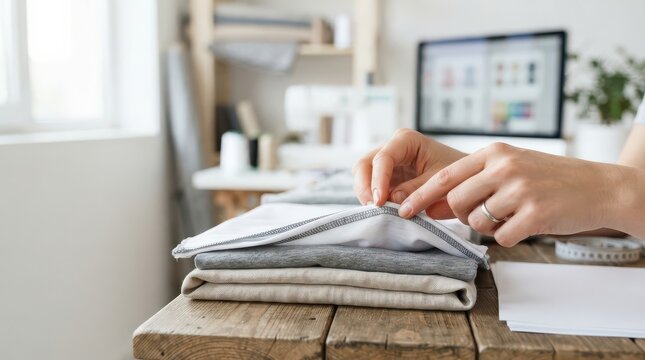 Hands lifting a garment edge to inspect overlock stitching above folded textiles