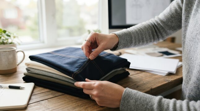 Hands pinching a stitched seam on folded dark denim above a clothing stack