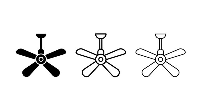 Minimalist ceiling fan icons featuring silhouette and outline styles for interior design