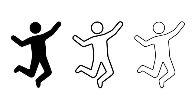 Minimalist jumping figure icons featuring three different graphic styles of joyful people