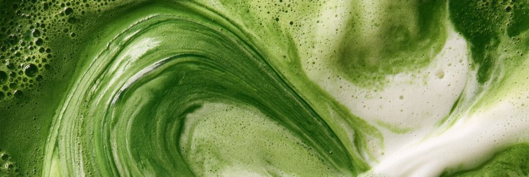 The matcha and coconut milk blend shows rich green and white colors blending together, creating a visual texture from above.