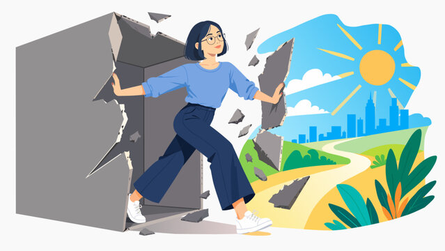 Breaking free concept. Woman leaving a gray box into a colorful world. Personal growth vector illustration