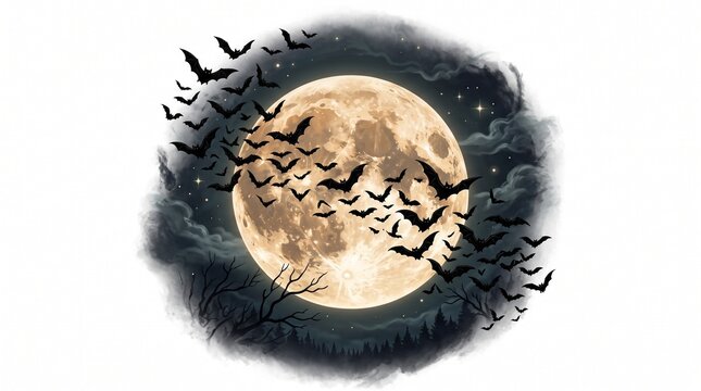 halloween bat bats full moon moon spooky creepy night scary silhouette dark sky clouds watercolor art illustration design graphic vector gothic horror on transparent background