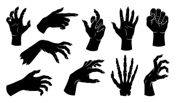 Distorted creepy zombie hand gesture silhouettes horror vector collection