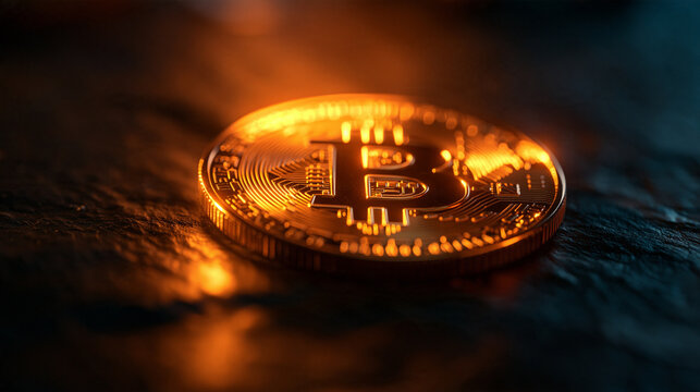 Golden Bitcoin Coin Glowing on Dark Textured Surface