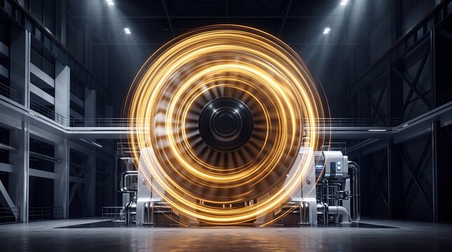 Industrial Turbine Spinning with Glowing Light Trails in Factory