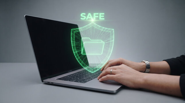 Cybersecurity data protection concept, glowing green shield with safe folder icon on laptop, secure digital privacy and network safety technology
