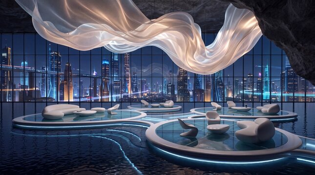 Futuristic Luxury Lounge Interior Overlooking Night Cityscape