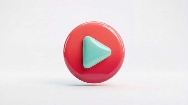 Play button 3d icon in glossy red with a smooth mint arrow on white background, crafted as a modern multimedia graphic element for web streaming apps and digital video player UI