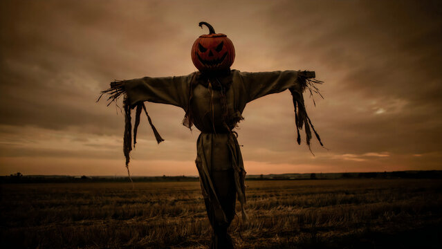 Scarecrow with a carved pumpkin head standing in a harvested field at sunset with under dramatic sunset jack o lantern