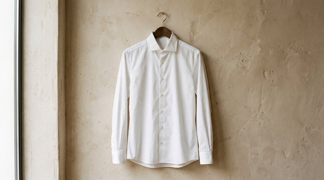 white shirt hanging on wooden hanger against textured wall