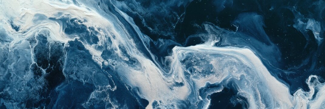 Swirls of deep prussian blue and silver cream create an abstract pattern reminiscent of a winter night. The dark colors evoke a cold atmosphere.