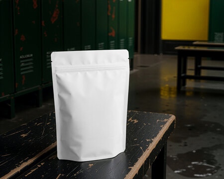 Stand-Up Pouch on Locker Room Bench