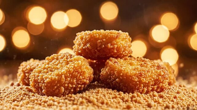 Delicious Chicken Nuggets Falling and Landing on Crumbs with Bokeh Background, Perfect Food Advertisement