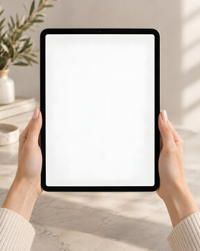 Female Hands Holding Tablet with Blank Screen Portrait Mockup