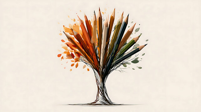 Concept for teaching reading; a tree made of pencils. A layered vector illustration designed for easy editing and individual coloring.