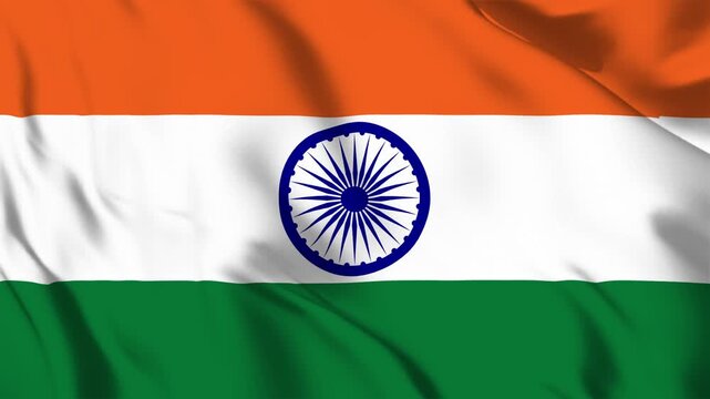 Waving flag of India with saffron white and green horizontal stripes and a central navy blue Ashoka Chakra wheel