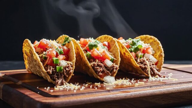 Savory trio of delicious tacos overflowing with fresh ingredients, served on a wooden cutting board with wisps of steam