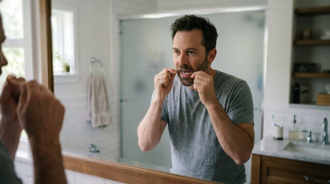 Man flossing teeth in bathroom mirror daily hygiene routine